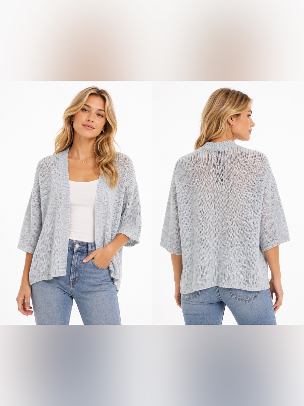 Eileen Fisher Size XL Silk Linen Light Blue Open-Front Knit Sweater Cardigan